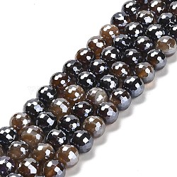 Electroplated Natural Agate Round Beads Strands, Dyed & Heated, Faceted(128 Facets), Saddle Brown, 10mm, Hole: 1.4mm, about 38pcs/strand, 14.96 inch(38cm)(G-L598-A01-03B)