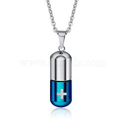 Two Tone 316L Stainless Steel Pill with Cross Urn Ashes Pendant Necklace with Cable Chains, Memorial Jewelry for Men Women, Blue & Stainless Steel Color, 19.69 inch(50cm)(BOTT-PW0001-010PBU)
