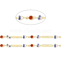 Real 18K Gold Plated Brass Oval & Flat Round Link Chains, with Glass Beaded, Soldered, with Spool, Lead Free & Cadmium Free & Nickel Free, Blue, 10x4.5x1.7mm, 15x2.5x0.3mm(CHC-F844-10D)