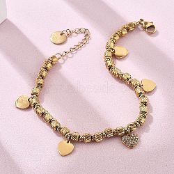 Punk Style 304 Stainless Steel Column Link Charm Bracelets for Women, Heart, with Cubic Zirconia, Real 18K Gold Plated, 6-3/4 inch(17cm)(BJEW-C089-14G)