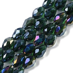 Transparent Electroplate Glass Beads Strands, AB Color Plated, Faceted, Teardrop, Dark Green, 5~6x4mm, Hole: 0.9mm, about 65~67pcs/strand, 15.35~16.4''(39~41cm)(EGLA-N013-T4mm-B15)