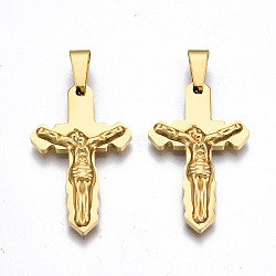 201 Stainless Steel Pendants, Crucifix Cross, for Easter, Real 18K Gold Plated, 30x18.5x4mm, Hole: 4x8mm(STAS-Q241-002G-NF)