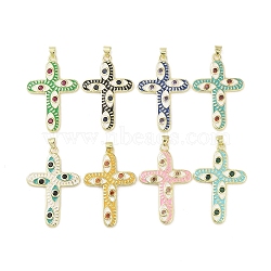 Real 18K Gold Plated Brass Enamel Pendants, with Glass, Cross with Evil Eye Charm, Mixed Color, 44x28x3mm, Hole: 3.5x3.9mm(KK-A209-29G)