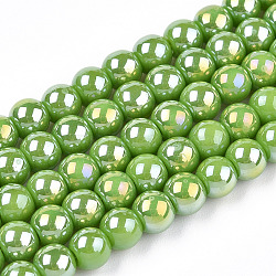 Electroplate Opaque Glass Beads Strands, AB Color Plated, Round, Lime Green, 4~4.5mm, Hole: 0.8mm, about 97~99pcs/strand, 14.76 inch~14.96 inch(37.5~38cm)(GLAA-T032-P4mm-AB06)