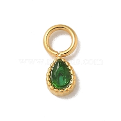 Ion Plating(IP) 304 Stainless Steel with Rhinestone Charms, Real 14K Gold Plated, Teardrop Charm, Fern Green, 9x4x2mm, Hole: 2.5mm(STAS-G351-18G-03)