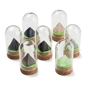 Natural Gemstone Pyramid Display Decoration with Glass Dome Cloche Cover, Cork Base Bell Jar Ornaments for Home Decoration, 30x58.5~60mm