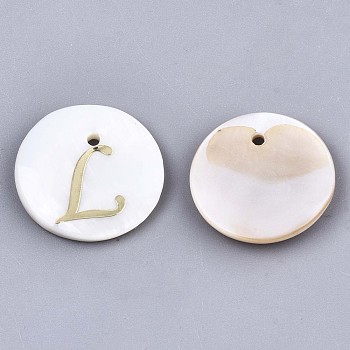 Natural Freshwater Shell Pendants, with Golden Plated Brass Etched Metal Embellishments, Flat Round with Letter, Letter.L, 15x2mm, Hole: 1.2mm