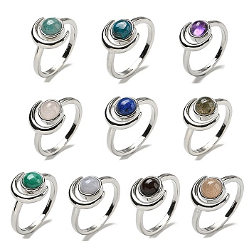 Natural Gemstone Adjustable Rings, with Platinum Brass Findings, Long-Lasting Plated, Jewely for Women, Moon with Round, US Size 8(18.1mm).