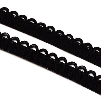 Nylon Elastic Cord, Flat with Laciness, Garment Accessories, Black, 12mm, about 10.94 Yards(10m)/Strand