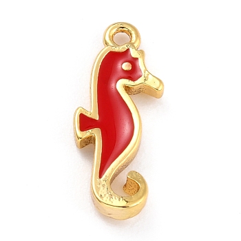 Golden Brass Enamel Pendants, Long-Lasting Plated, Sea Horse, Red, 16x6x2mm, Hole: 1.1mm