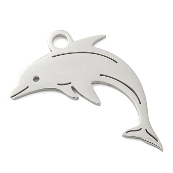 304 Stainless Steel Pendants, Laser Cut, Stainless Steel Color, Ocean Animal Charm, Dolphin, 15.5x26.5x1mm, Hole: 2.5mm