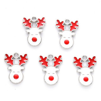 Alloy Enamel Pendants, for Christmas, Christmas Reindeer/Stag, Platinum, White, 17x13x2mm, Hole: 1.6mm