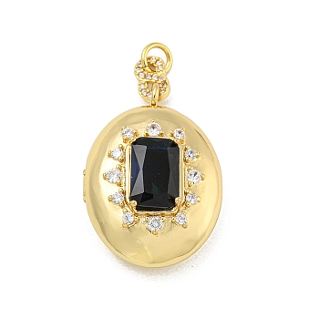 Brass Cubic Zirconia Locket Pendants, Photo Frame Charms, with Jump Ring, Real 18K Gold Plated, Dark Blue, Oval, 33.5x23x12.5mm, Hole: 4mm, Inner Diameter: 25x20mm