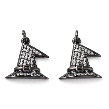 Rack Plating Brass Micro Pave Clear Grade AAA Cubic Zirconia Pendants, with Jump Ring, Long-Lasting Plated, Cadmium Free & Lead Free, Witch Hat Charms, Gunmetal, 14x14x3mm, Hole: 2.2mm