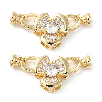 Rack Plating Brass Pave Clear Cubic Zirconia Fold Over Clasps, Cadmium Free & Lead Free, Long-Lasting Plated, Flower, Golden, Flower: 14x14x8.5mm, Clasp: 12x7x6mm, Inner Diameter: 4mm