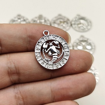 Constellation Themes Alloy Rhinestone Pendants, Flat Round Charms, Silver, Cancer, 24x21mm