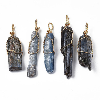 Natural Kyanite Gemstone Big Pendants, with Rack Plating Light Gold Tone Brass Wires Wrapped, Nuggets, 42~56.5x9~13x4~8.5mm, Hole: 3.5~5mm