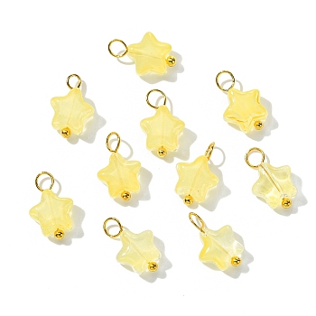 Glass Pendant, with Brass Findings, Star, Golden, Yellow, 14mm, Hole: 2.5mm, 10pcs/set