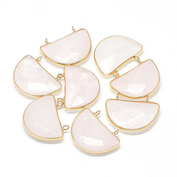 Natural Rose Quartz Semi Circle Pendants, with Brass Findings, Faceted, Half Round, Golden, Misty Rose, 32x25~26x7mm, Hole: 2mm