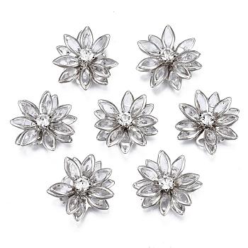 Acrylic Rhinestone Flower Flat Back Cabochons, with Brass Findings, Platinum, Clear, 24x7mm