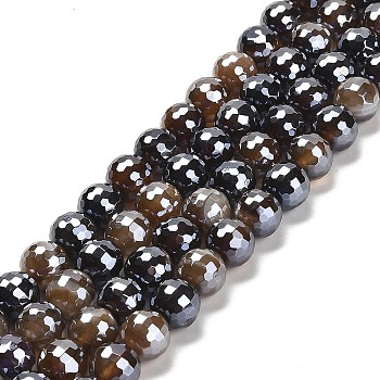 Electroplated Natural Agate Round Beads Strands, Dyed & Heated, Faceted(128 Facets), Saddle Brown, 10mm, Hole: 1.4mm, about 38pcs/strand, 14.96 inch(38cm)