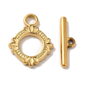 Ion Plating(IP) 304 Stainless Steel Toggle Clasps, Flower, Real 18K Gold Plated, Ring: 17.5x14x2mm, Hole: 2mm, Bar: 16.5x5x2mm, Hole:1.2mm