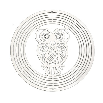 201 Stainless Steel Laser Cut Connector Charms, Flat Round Links, Stainless Steel Color, Non-Tarnish, Etched Metal Embellishments, Owl, 100x0.3mm, Hole: 1.6mm