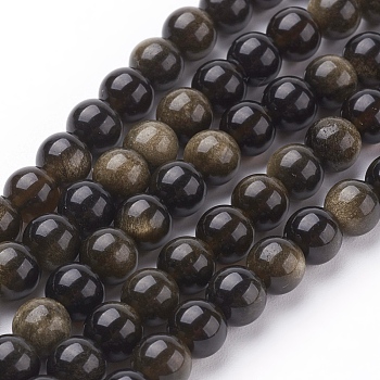 Natural Golden Sheen Obsidian Beads Strands, Round, 6mm, Hole: 1mm, 31pcs/strand, 8 inch