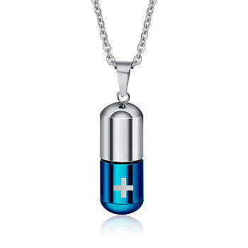 Two Tone 316L Stainless Steel Pill with Cross Urn Ashes Pendant Necklace with Cable Chains, Memorial Jewelry for Men Women, Blue & Stainless Steel Color, 19.69 inch(50cm)