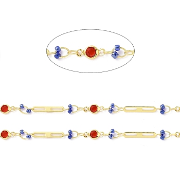 Real 18K Gold Plated Brass Oval & Flat Round Link Chains, with Glass Beaded, Soldered, with Spool, Lead Free & Cadmium Free & Nickel Free, Blue, 10x4.5x1.7mm, 15x2.5x0.3mm
