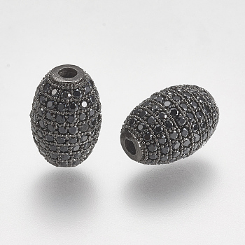 Brass Micro Pave Cubic Zirconia Beads, Oval, Black, Gunmetal, 12x8mm, Hole: 1.5mm