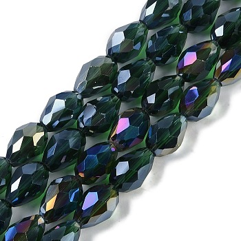 Transparent Electroplate Glass Beads Strands, AB Color Plated, Faceted, Teardrop, Dark Green, 6x4mm, Hole: 0.9mm, about 65~67pcs/strand, 15.35~16.4''(39~41cm)