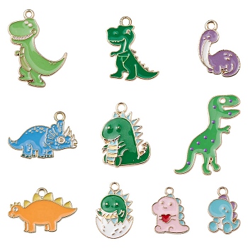 10Pcs 10 Styles Alloy Enamel Pendants, Dinosaur, Mixed Color, 16~29x11.5~24.5x1~2.5mm, Hole: 1.4~2mm, 1pc/style