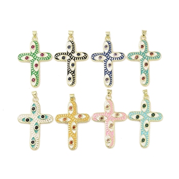 Real 18K Gold Plated Brass Enamel Pendants, with Glass, Cross with Evil Eye Charm, Mixed Color, 44x28x3mm, Hole: 3.5x3.9mm