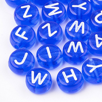 Transparent Acrylic Beads, Horizontal Hole, Mixed Letters, Flat Round, Blue, 7x4mm, Hole: 1.5mm