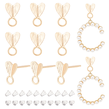 6 Pairs Brass Stud Earring Finding, Heart Stud Earring Post, with Horizontal Loops & Sterling Silver Pins, Real 14K Gold Plated, 9x5.5x1mm, Hole: 2mm, Pin: 0.7mm