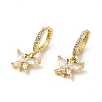 Rack Plating Brass Butterfly Dangle Stud Earrings with Cubic Zirconia, Lead Free & Cadmium Free, Real 18K Gold Plated, 23mm