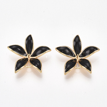 Brass Links Peg Bails, For Half Drilled Bead, with Enamel, Flower, Nickel Free, Real 18K Gold Plated, Black, 23x24x5~6mm, Hole: 1~2mm, Pin: 0.8mm