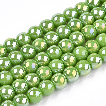 Electroplate Opaque Glass Beads Strands, AB Color Plated, Round, Lime Green, 4~4.5mm, Hole: 0.8mm, about 97~99pcs/strand, 14.76 inch~14.96 inch(37.5~38cm)