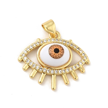 Brass Micro Pave Cubic Zirconia Pendants, with Enamel, Cadmium Free & Lead Free, Long-Lasting Plated, Evil Eye, Real 18K Gold Plated, Saddle Brown, 20x24x6.5mm, Hole: 4x3.5mm