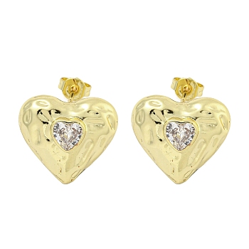 Heart Texture Brass Micro Pave Cubic Zirconia Stud Earrings for Women, Cadmium Free & Lead Free, Long-Lasting Plated, Real 18K Gold Plated, 15.5x17mm