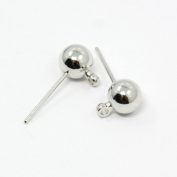 Brass Ball Post Ear Studs, with Loop, Platinum, about 6mm in diameter, 17mm long, Hole: about 1.5mm, Pin: 0.7mm