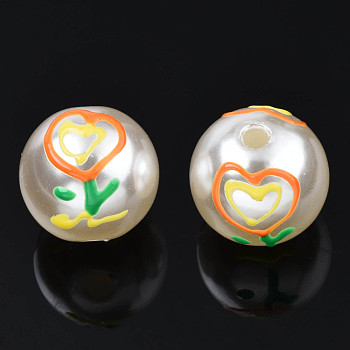 ABS Plastic Imitation Pearl Beads, with Enamel, Round with Flower, Dark Orange, 12x11mm, Hole: 2mm