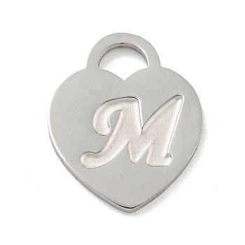 304 Stainless Steel Pendants, Laser Cut, Heart with Letter Charm, Stainless Steel Color, Letter M, 15x12x1mm, Hole: 3x3.5mm