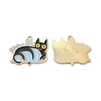 Alloy Enamel Pandants, Lead Free & Cadmium Free, for Halloween, Cat Charm, Light Gold, 23x28.5x1.5mm, Hole: 1.8mm