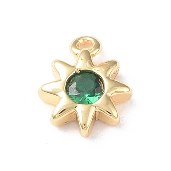 Brass Charms, with Glass, Sun Charm, Real 18K Gold Plated, Green, 8.5x7x2mm, Hole: 0.9mm