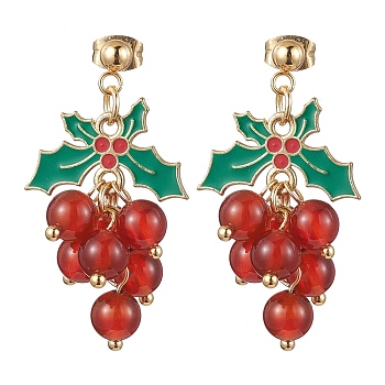 Cherry Alloy Enamel and Carnelian Beads  Studs Earring, with 304 Stainless Steel Stud Earring Findings, Golden, 36.5x20.5mm