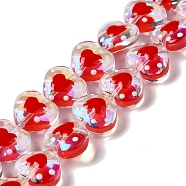 Handmade Glass Beads Strands, with Enamel, Heart, Cerise, 11~12x12~12.5x6~6.5mm, Hole: 0.6mm, about 30pcs/strand, 13.27''(33.7cm)(LAMP-K037-09B)