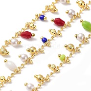 Handmade Brass Curb Chains, with Glass Charms, Real 18K Gold Plated, Soldered, with Spool, Mixed Color, 3mm(CHC-K014-09G-05)