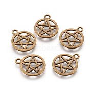 Tibetan Style Alloy Flat Round with Star Charms, Wicca Charms, Pentacle, Lead Free & Nickel Free, Antique Bronze, 20.5x16.9x1.7mm, Hole: 2.2mm(TIBEP-5248-AB-FF)